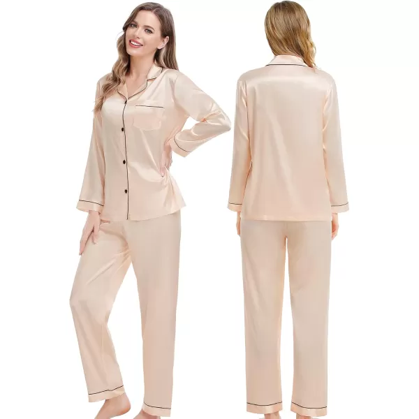 SWOMOG Couples Matching Pajamas Set Silk Satin Long Sleeve Sleepwear Soft Button Down Loungewear Pj SetChampagne