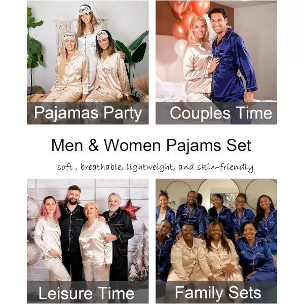 SWOMOG Couples Matching Pajamas Set Silk Satin Long Sleeve Sleepwear Soft Button Down Loungewear Pj SetChampagne