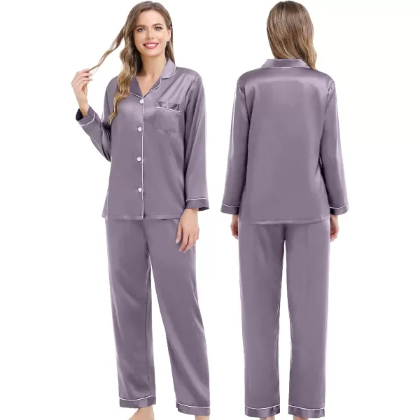 SWOMOG Couples Matching Pajamas Set Silk Satin Long Sleeve Sleepwear Soft Button Down Loungewear Pj SetChestnut