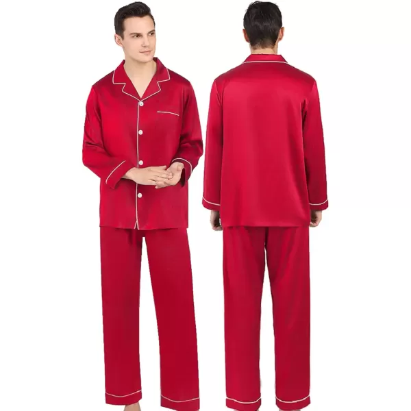 SWOMOG Couples Matching Pajamas Set Silk Satin Long Sleeve Sleepwear Soft Button Down Loungewear Pj SetChristmas Red