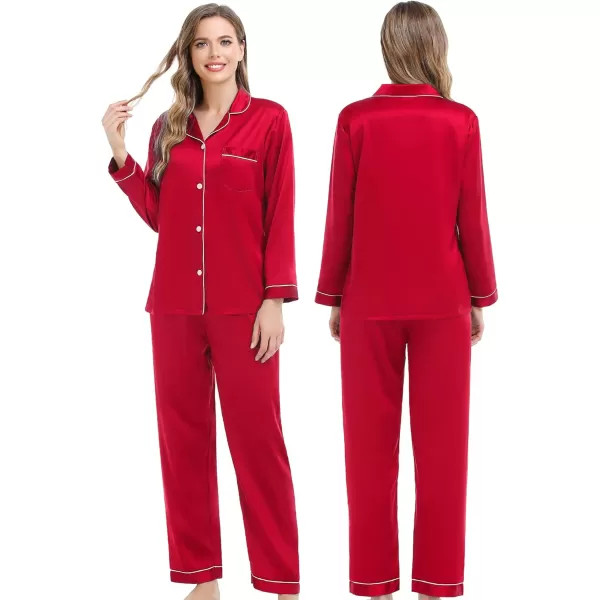 SWOMOG Couples Matching Pajamas Set Silk Satin Long Sleeve Sleepwear Soft Button Down Loungewear Pj SetChristmas Red