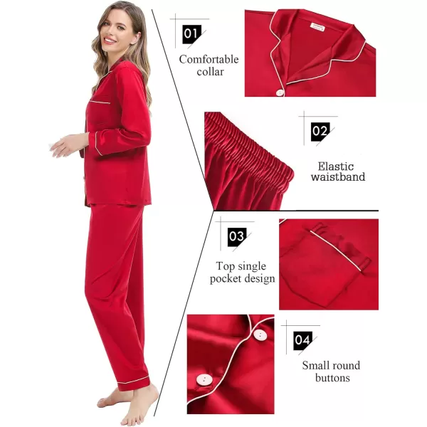 SWOMOG Couples Matching Pajamas Set Silk Satin Long Sleeve Sleepwear Soft Button Down Loungewear Pj SetChristmas Red