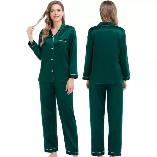 SWOMOG Couples Matching Pajamas Set Silk Satin Long Sleeve Sleepwear Soft Button Down Loungewear Pj SetDeep Green