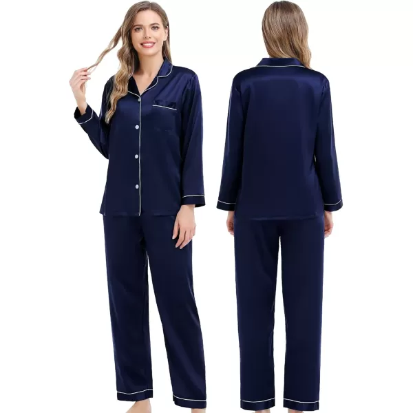 SWOMOG Couples Matching Pajamas Set Silk Satin Long Sleeve Sleepwear Soft Button Down Loungewear Pj SetDeep Navy Blue