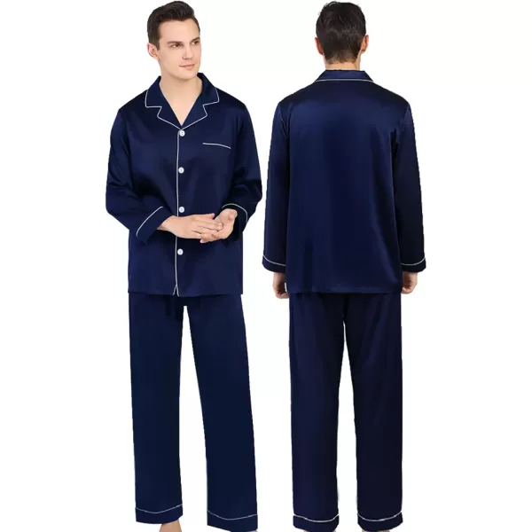 SWOMOG Couples Matching Pajamas Set Silk Satin Long Sleeve Sleepwear Soft Button Down Loungewear Pj SetDeep Navy Blue