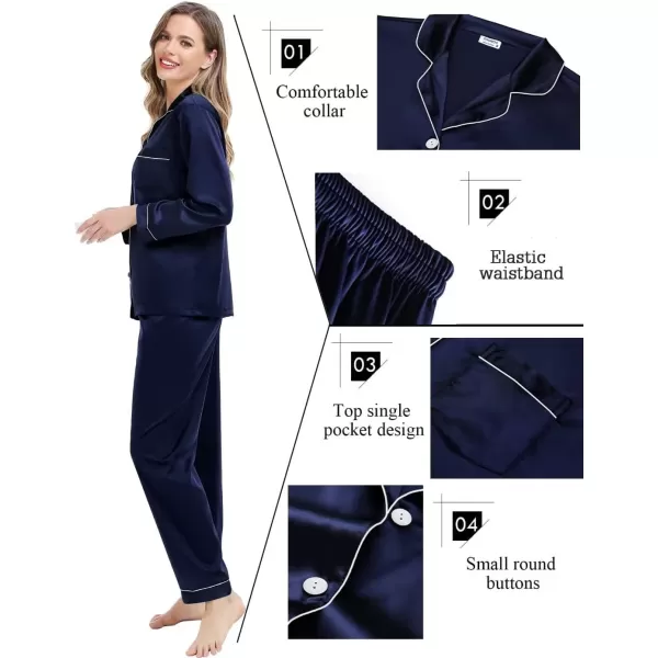 SWOMOG Couples Matching Pajamas Set Silk Satin Long Sleeve Sleepwear Soft Button Down Loungewear Pj SetDeep Navy Blue