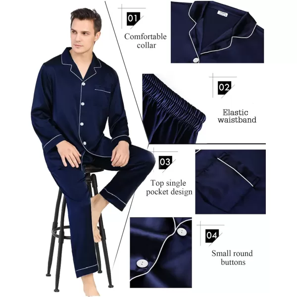 SWOMOG Couples Matching Pajamas Set Silk Satin Long Sleeve Sleepwear Soft Button Down Loungewear Pj SetDeep Navy Blue