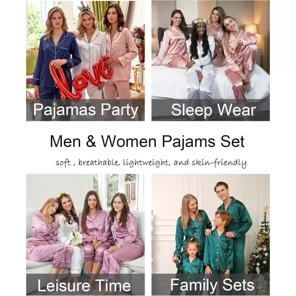 SWOMOG Couples Matching Pajamas Set Silk Satin Long Sleeve Sleepwear Soft Button Down Loungewear Pj SetDeep Navy Blue