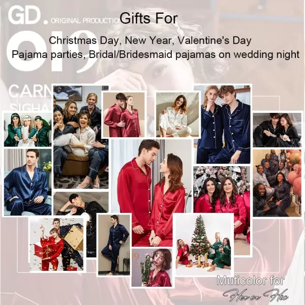 SWOMOG Couples Matching Pajamas Set Silk Satin Long Sleeve Sleepwear Soft Button Down Loungewear Pj SetDeep Wine Red