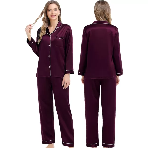 SWOMOG Couples Matching Pajamas Set Silk Satin Long Sleeve Sleepwear Soft Button Down Loungewear Pj SetDeep Wine Red