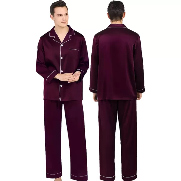 SWOMOG Couples Matching Pajamas Set Silk Satin Long Sleeve Sleepwear Soft Button Down Loungewear Pj SetDeep Wine Red