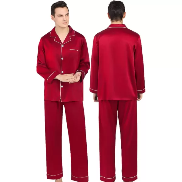 SWOMOG Couples Matching Pajamas Set Silk Satin Long Sleeve Sleepwear Soft Button Down Loungewear Pj SetRed