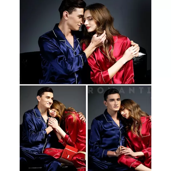 SWOMOG Couples Matching Pajamas Set Silk Satin Long Sleeve Sleepwear Soft Button Down Loungewear Pj SetRed
