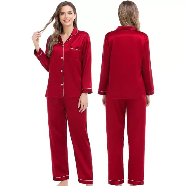 SWOMOG Couples Matching Pajamas Set Silk Satin Long Sleeve Sleepwear Soft Button Down Loungewear Pj SetRed