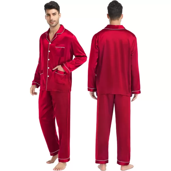 SWOMOG Couples Matching Pajamas Set Women ampamp Men Satin Long Sleeve Sleepwear Soft Button Down Pj Set Silk LoungewearA  Reda