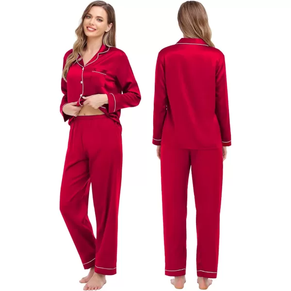 SWOMOG Couples Matching Pajamas Set Women ampamp Men Satin Long Sleeve Sleepwear Soft Button Down Pj Set Silk LoungewearA  Reda
