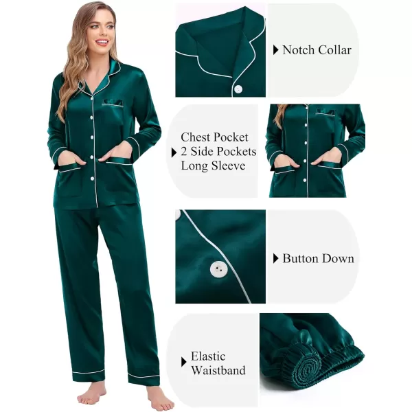 SWOMOG Couples Matching Pajamas Set Women ampamp Men Satin Long Sleeve Sleepwear Soft Button Down Pj Set Silk LoungewearDeep Green