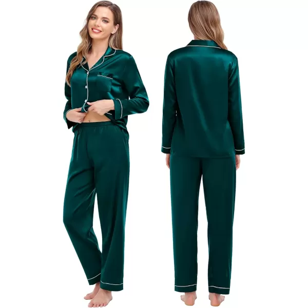 SWOMOG Couples Matching Pajamas Set Women ampamp Men Satin Long Sleeve Sleepwear Soft Button Down Pj Set Silk LoungewearDeep Green