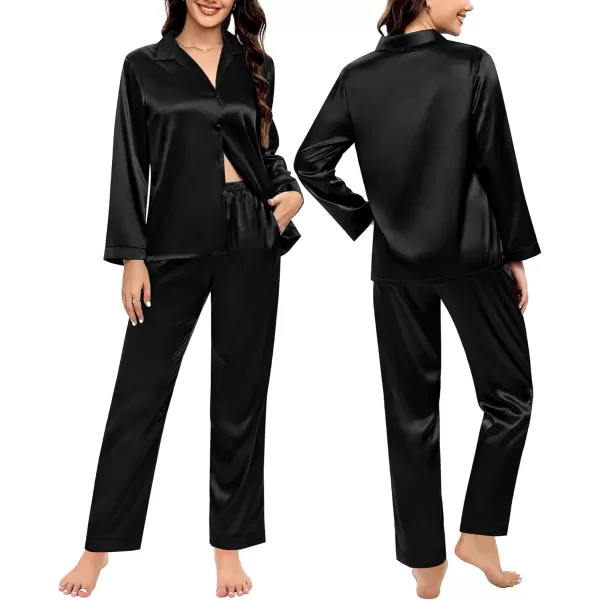 SWOMOG Couples Matching Pajamas Silk Satin Long Sleeve Button Down Sleepwear 2 Pieces Loungewear Soft PJs Set with PocketsBlack