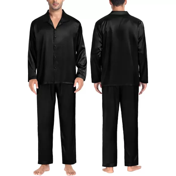 SWOMOG Couples Matching Pajamas Silk Satin Long Sleeve Button Down Sleepwear 2 Pieces Loungewear Soft PJs Set with PocketsBlack