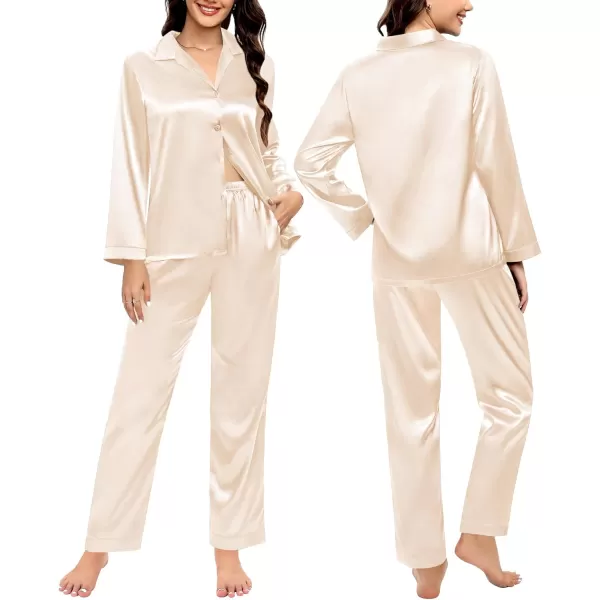 SWOMOG Couples Matching Pajamas Silk Satin Long Sleeve Button Down Sleepwear 2 Pieces Loungewear Soft PJs Set with PocketsChampagne