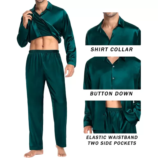 SWOMOG Couples Matching Pajamas Silk Satin Long Sleeve Button Down Sleepwear 2 Pieces Loungewear Soft PJs Set with PocketsDark Green