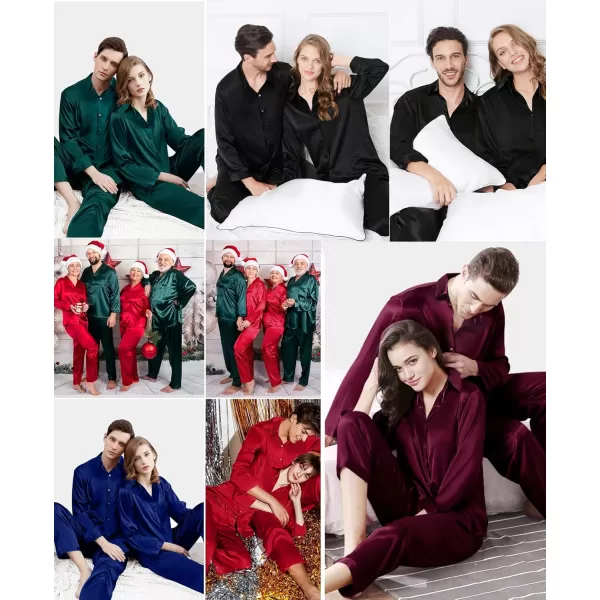 SWOMOG Couples Matching Pajamas Silk Satin Long Sleeve Button Down Sleepwear 2 Pieces Loungewear Soft PJs Set with PocketsDark Green