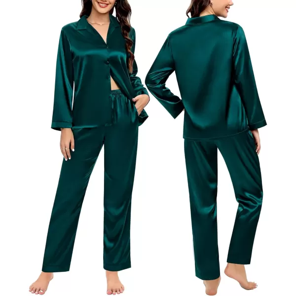 SWOMOG Couples Matching Pajamas Silk Satin Long Sleeve Button Down Sleepwear 2 Pieces Loungewear Soft PJs Set with PocketsDark Green