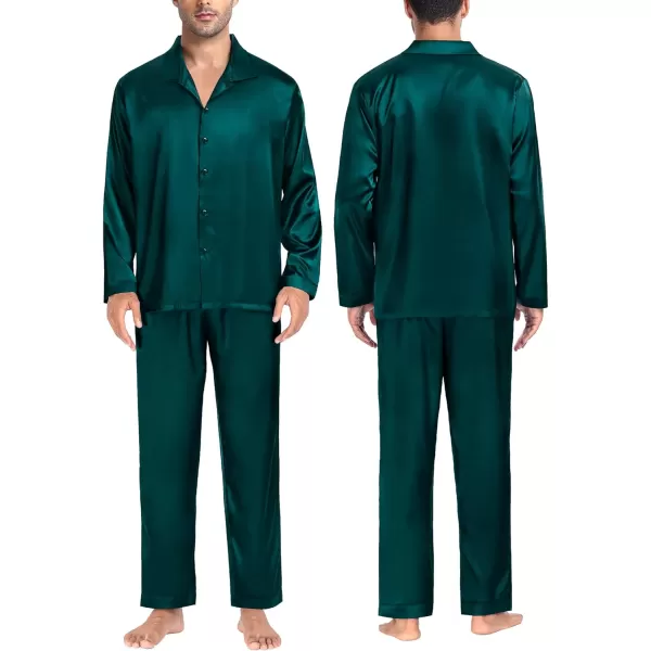 SWOMOG Couples Matching Pajamas Silk Satin Long Sleeve Button Down Sleepwear 2 Pieces Loungewear Soft PJs Set with PocketsDark Green