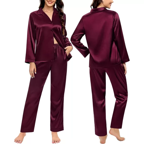 SWOMOG Couples Matching Pajamas Silk Satin Long Sleeve Button Down Sleepwear 2 Pieces Loungewear Soft PJs Set with PocketsDeep Wine Red