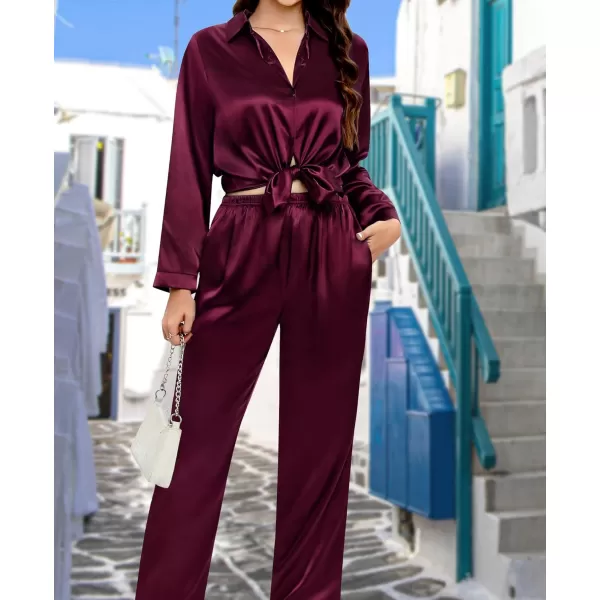 SWOMOG Couples Matching Pajamas Silk Satin Long Sleeve Button Down Sleepwear 2 Pieces Loungewear Soft PJs Set with PocketsDeep Wine Red