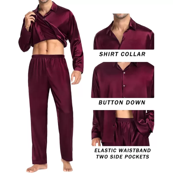 SWOMOG Couples Matching Pajamas Silk Satin Long Sleeve Button Down Sleepwear 2 Pieces Loungewear Soft PJs Set with PocketsDeep Wine Red