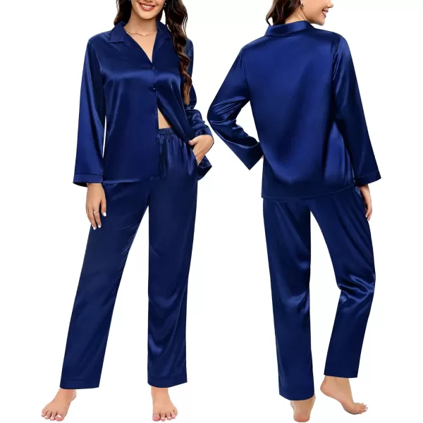 SWOMOG Couples Matching Pajamas Silk Satin Long Sleeve Button Down Sleepwear 2 Pieces Loungewear Soft PJs Set with PocketsNavy Blue