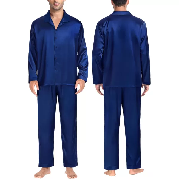 SWOMOG Couples Matching Pajamas Silk Satin Long Sleeve Button Down Sleepwear 2 Pieces Loungewear Soft PJs Set with PocketsNavy Blue