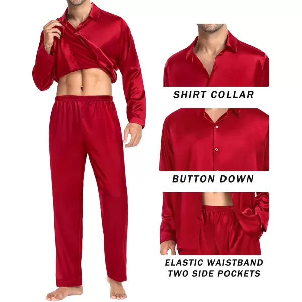 SWOMOG Couples Matching Pajamas Silk Satin Long Sleeve Button Down Sleepwear 2 Pieces Loungewear Soft PJs Set with PocketsRed