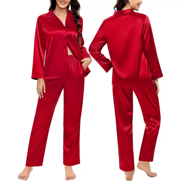 SWOMOG Couples Matching Pajamas Silk Satin Long Sleeve Button Down Sleepwear 2 Pieces Loungewear Soft PJs Set with PocketsRed