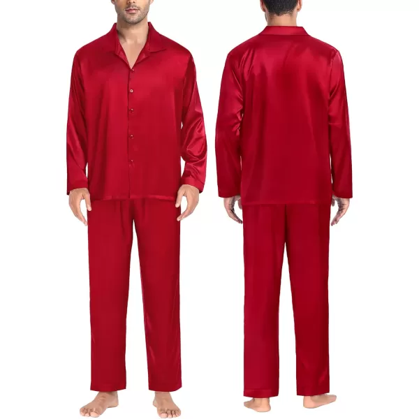 SWOMOG Couples Matching Pajamas Silk Satin Long Sleeve Button Down Sleepwear 2 Pieces Loungewear Soft PJs Set with PocketsRed