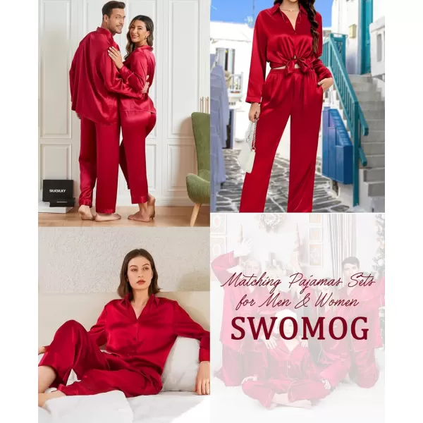 SWOMOG Couples Matching Pajamas Silk Satin Long Sleeve Button Down Sleepwear 2 Pieces Loungewear Soft PJs Set with PocketsRed