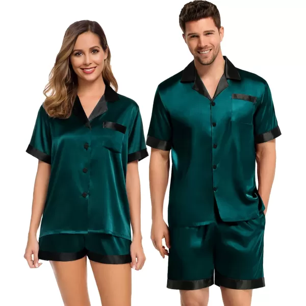 SWOMOG Couples Pajama Set Women ampamp Men Silk Satin Short Sleeve Set Top and Shorts Sleepwear Soft ButtonDown LoungewearDeep Green