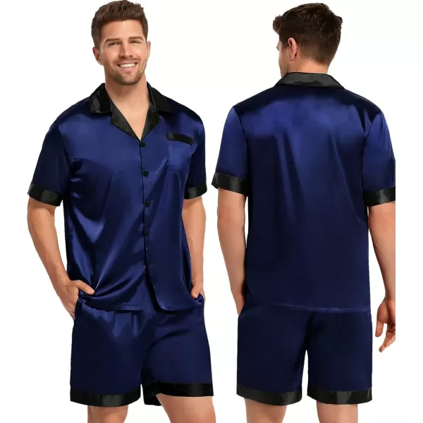 SWOMOG Couples Pajama Set Women ampamp Men Silk Satin Short Sleeve Set Top and Shorts Sleepwear Soft ButtonDown LoungewearDeep Navy Blue