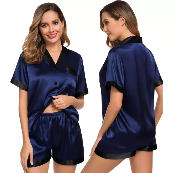 SWOMOG Couples Pajama Set Women ampamp Men Silk Satin Short Sleeve Set Top and Shorts Sleepwear Soft ButtonDown LoungewearDeep Navy Blue