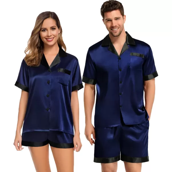 SWOMOG Couples Pajama Set Women ampamp Men Silk Satin Short Sleeve Set Top and Shorts Sleepwear Soft ButtonDown LoungewearDeep Navy Blue