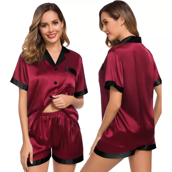 SWOMOG Couples Pajama Set Women ampamp Men Silk Satin Short Sleeve Set Top and Shorts Sleepwear Soft ButtonDown LoungewearDeep Wine RedBlack