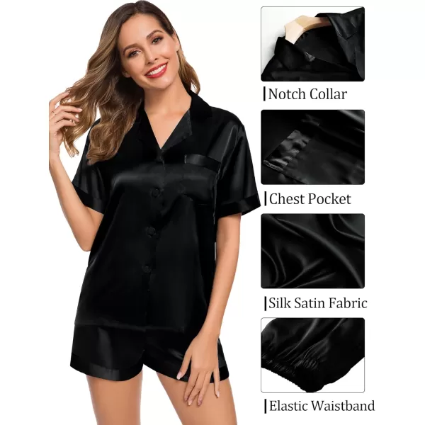 SWOMOG Couples Pajama Set Women ampamp Men Silk Satin Short Sleeve Set Top and Shorts Sleepwear Soft ButtonDown LoungewearPure Black