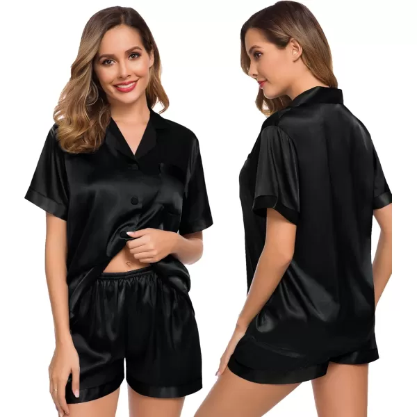 SWOMOG Couples Pajama Set Women ampamp Men Silk Satin Short Sleeve Set Top and Shorts Sleepwear Soft ButtonDown LoungewearPure Black