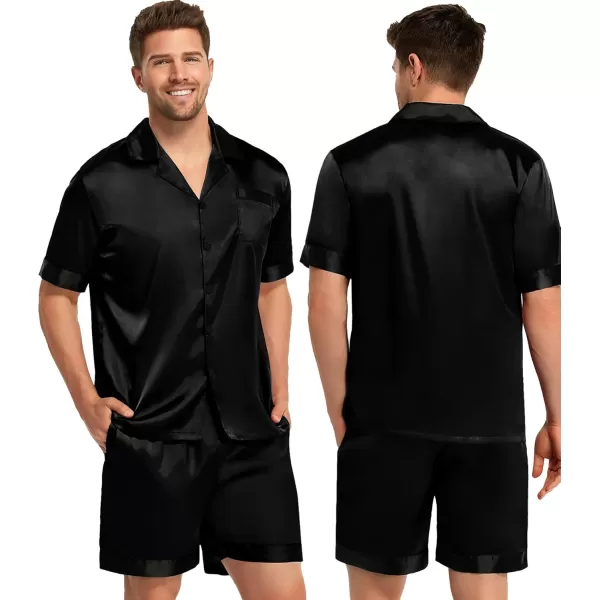 SWOMOG Couples Pajama Set Women ampamp Men Silk Satin Short Sleeve Set Top and Shorts Sleepwear Soft ButtonDown LoungewearPure Black