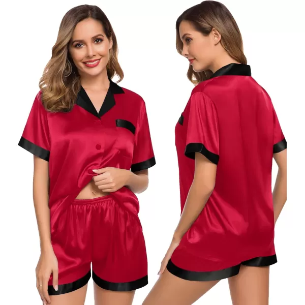 SWOMOG Couples Pajama Set Women ampamp Men Silk Satin Short Sleeve Set Top and Shorts Sleepwear Soft ButtonDown LoungewearRed