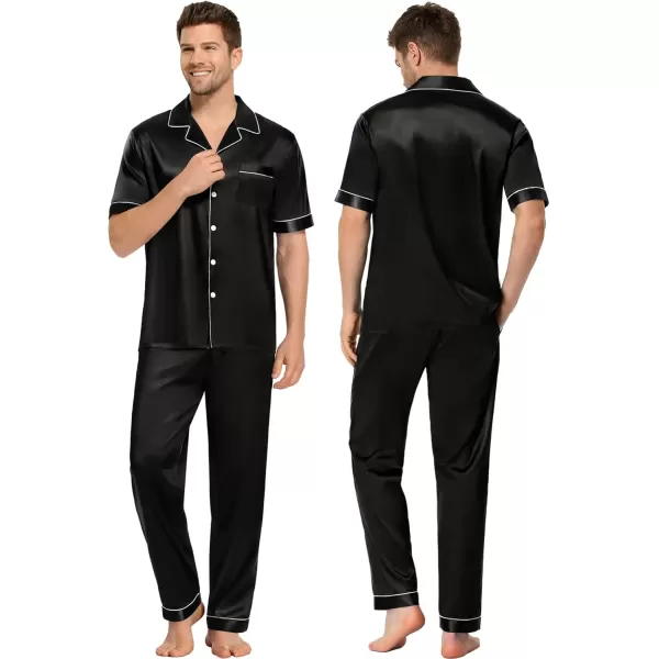 SWOMOG Couples Pajamas Sets Women ampamp Men Satin Short Sleeve Sleepwear Button Down Loungewear Pjs Set with Long PantsBlack