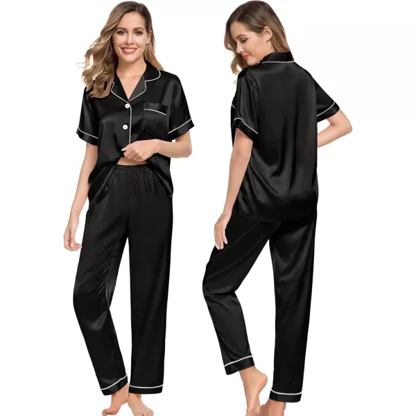 SWOMOG Couples Pajamas Sets Women ampamp Men Satin Short Sleeve Sleepwear Button Down Loungewear Pjs Set with Long PantsBlack