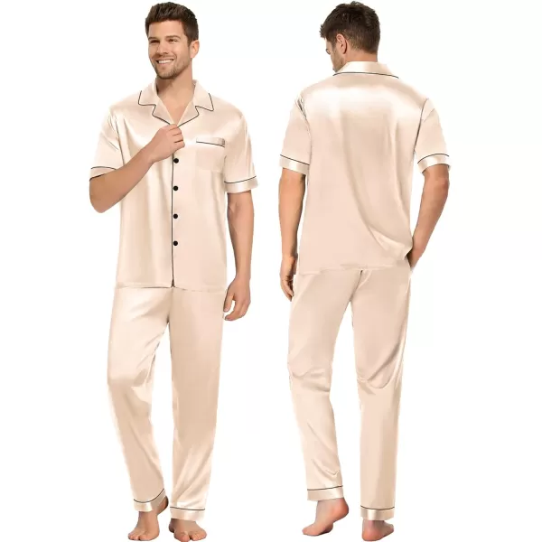 SWOMOG Couples Pajamas Sets Women ampamp Men Satin Short Sleeve Sleepwear Button Down Loungewear Pjs Set with Long PantsChampagne